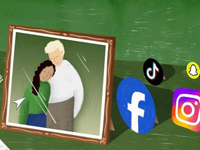 a picture of two characters hugging and social media icons in the background